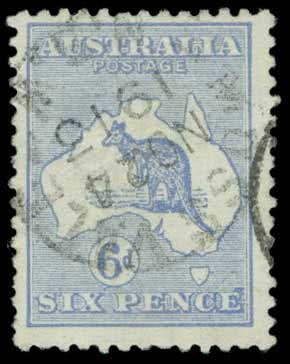Stamp Australia 6d blue Kangaroo 3rd watermark inverted & perforated small OS 