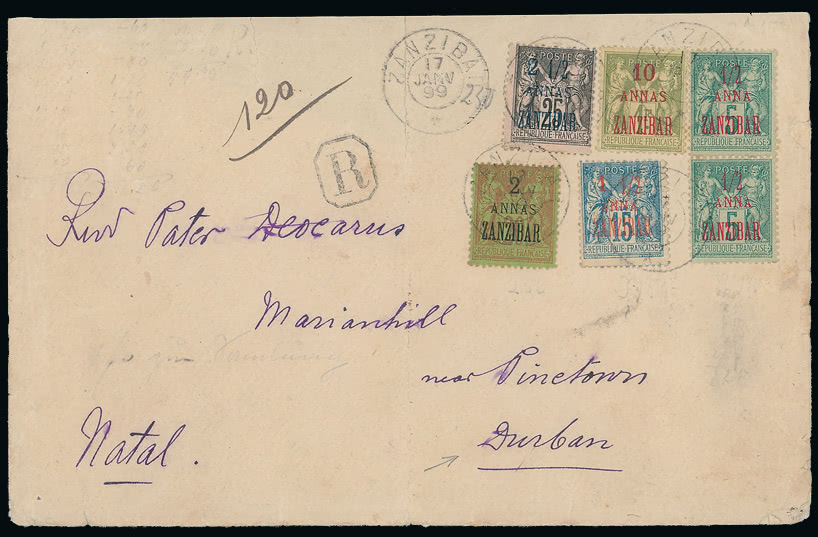 Lot 1950 - british empire and foreign countries French Post Offices in Zanzibar - Cancellations and Covers -  Grosvenor Auctions Auction of British Empire and Foreign Countries Postage Stamps and Postal History