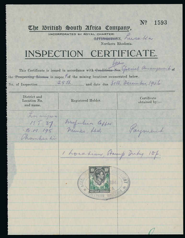 Lot 2492 - british empire and foreign countries Rhodesia: Northern Rhodesia - Revenues -  Grosvenor Auctions Auction of British Empire and Foreign Countries Postage Stamps and Postal History